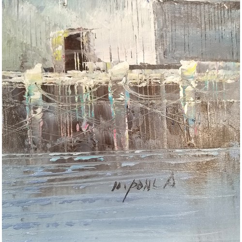 347 - Signed oil painting on canvas of a fishing boat moored at quay - frame 62.5cm x 72.5cm