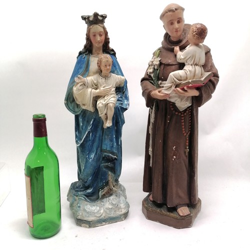 372 - 2 vintage hand painted plaster religious figures, Madonna  and child and Saint Antonio and child  54... 