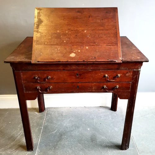 382 - Antique mahogany Architects desk, fitted with reading stand, extending pull out front revealing baiz... 