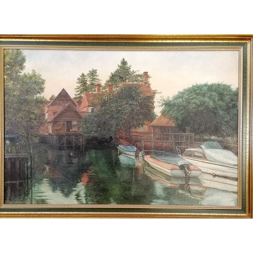 335 - 1972 original oil painting on canvas of a river scene with boats & building - 59cm x 85cm