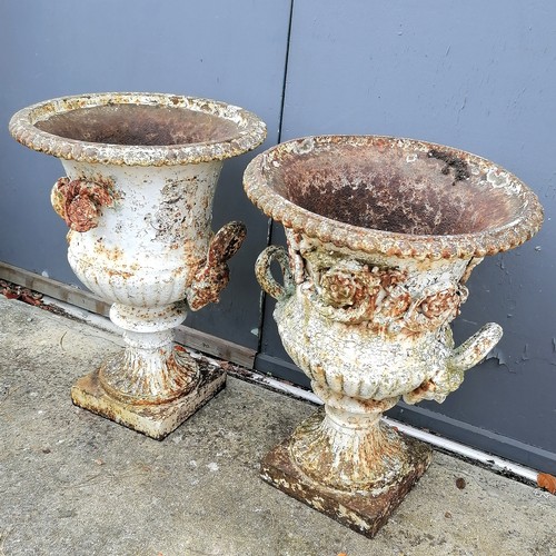 7 - Impressive pair of antique cast iron Garden urns with figural handles and floral swags, some losses,... 