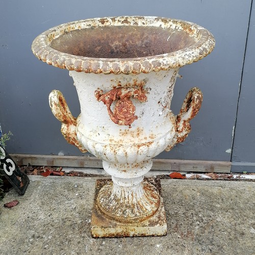 7 - Impressive pair of antique cast iron Garden urns with figural handles and floral swags, some losses,... 