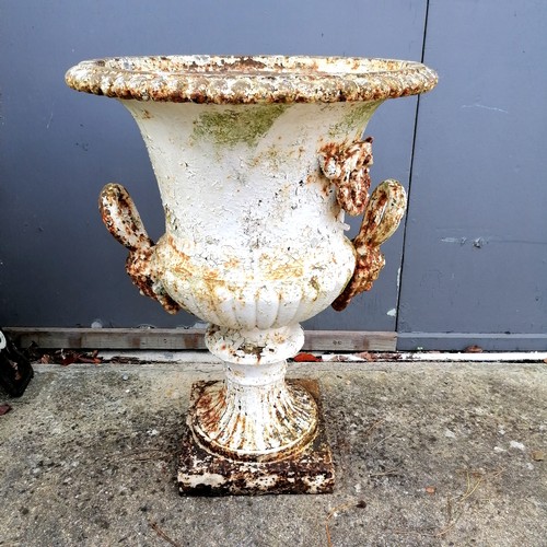 7 - Impressive pair of antique cast iron Garden urns with figural handles and floral swags, some losses,... 