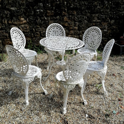 9 - White painted cast Aluminium Garden circular table and 6 chairs - table 66cm diameter