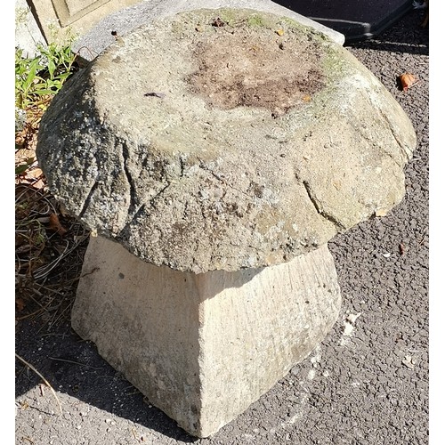 23 - Pair of concrete staddle stones, 52 cm diameter, 57 cm high, weathered condition.