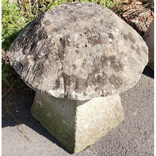 23 - Pair of concrete staddle stones, 52 cm diameter, 57 cm high, weathered condition.