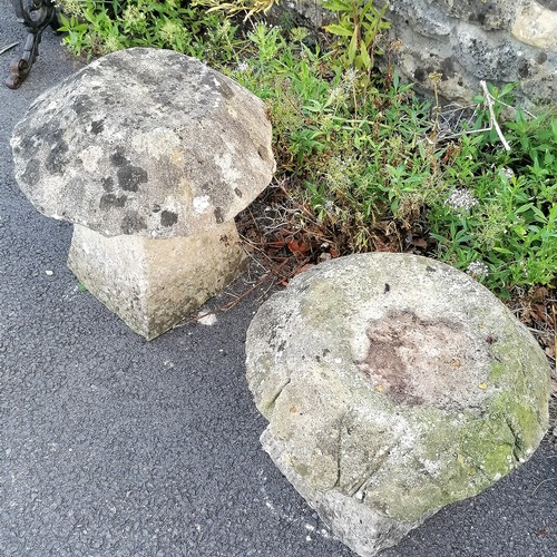 23 - Pair of concrete staddle stones, 52 cm diameter, 57 cm high, weathered condition.