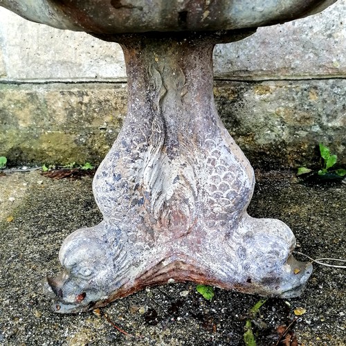 29 - Antique lead water feature of a putti figure standing on a shell above a dolphin base  total height ... 