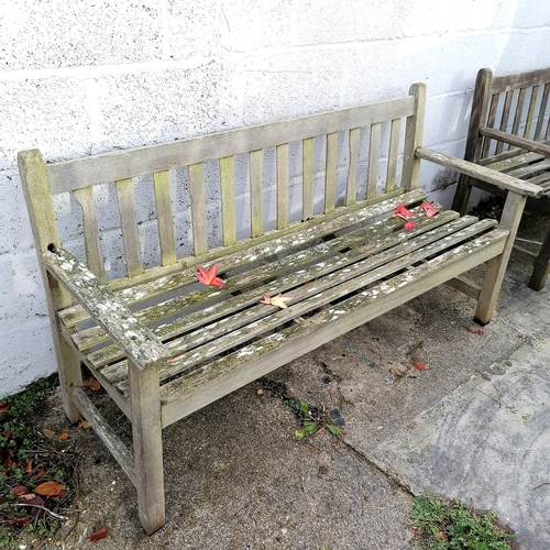 36 - Teak garden bench in weathered condition- 1 arm is loose where it joins the back. - L155cm x H80cm x... 