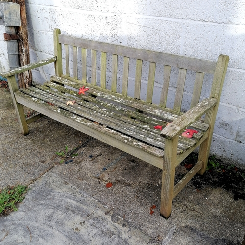 36 - Teak garden bench in weathered condition- 1 arm is loose where it joins the back. - L155cm x H80cm x... 