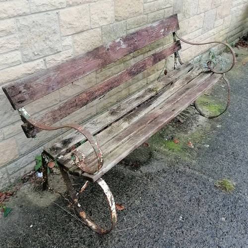 41 - Antique metal strap work bench with wooden slats 153cm long x 76cm high - has loss to the strap fixi... 