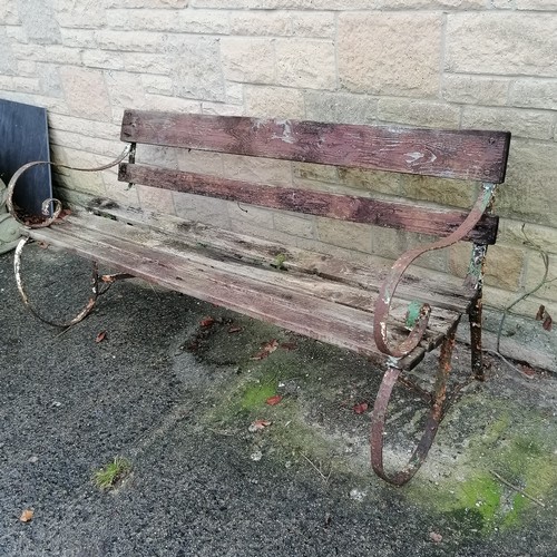 41 - Antique metal strap work bench with wooden slats 153cm long x 76cm high - has loss to the strap fixi... 