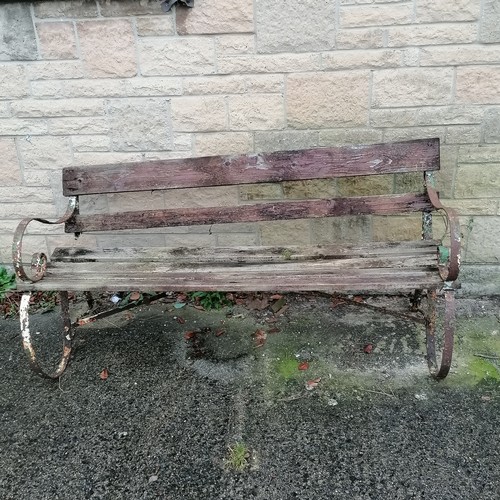 41 - Antique metal strap work bench with wooden slats 153cm long x 76cm high - has loss to the strap fixi... 