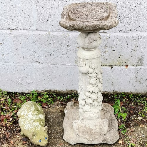 56 - Concrete pedestal - H75cm x D32cm T/W a crouching cat figure - L40cm