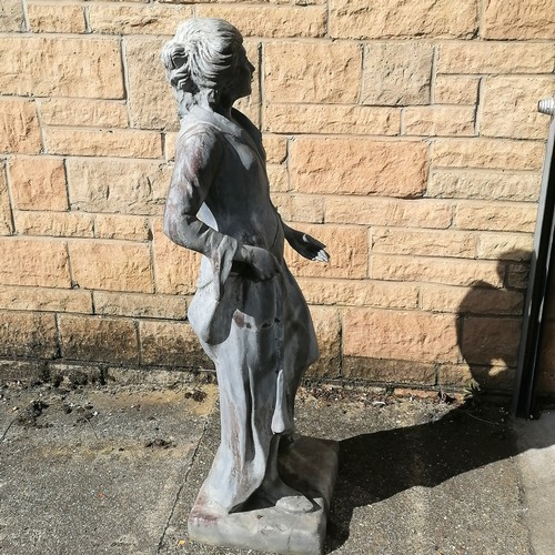 82 - Antique lead figure of a woman in a long dress 110cm high base 34cm x 30cm - slight damage to the ba... 