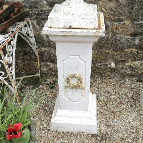 91 - Victorian pair of cast iron lidded urns on square based pedestals 175cm high bases 36cm x 36cm - no ... 