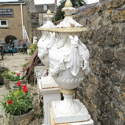 91 - Victorian pair of cast iron lidded urns on square based pedestals 175cm high bases 36cm x 36cm - no ... 