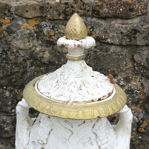 91 - Victorian pair of cast iron lidded urns on square based pedestals 175cm high bases 36cm x 36cm - no ... 