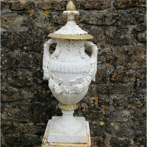 91 - Victorian pair of cast iron lidded urns on square based pedestals 175cm high bases 36cm x 36cm - no ... 