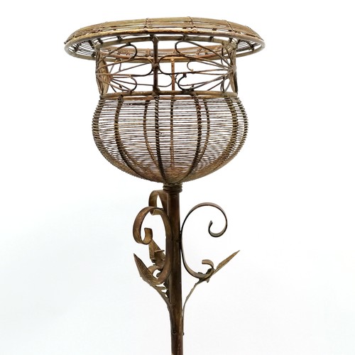 97 - Wrought iron and wire work plant stand with leaf detail - 86cm high x 28cm diameter of top ~ no obvi... 