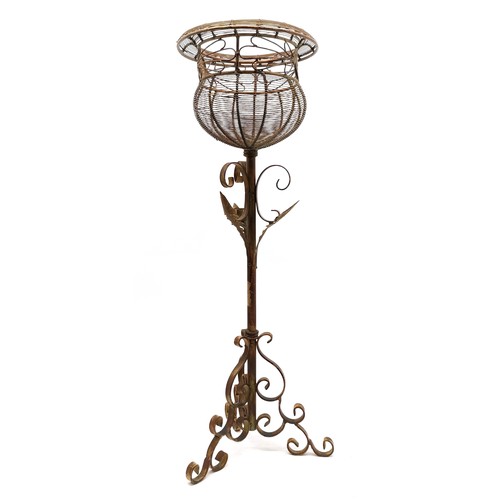 97 - Wrought iron and wire work plant stand with leaf detail - 86cm high x 28cm diameter of top ~ no obvi... 