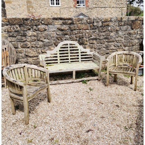 107 - Lutyens teak garden bench and 2 chairs with good patination all have obvious damage - bench is L166c... 