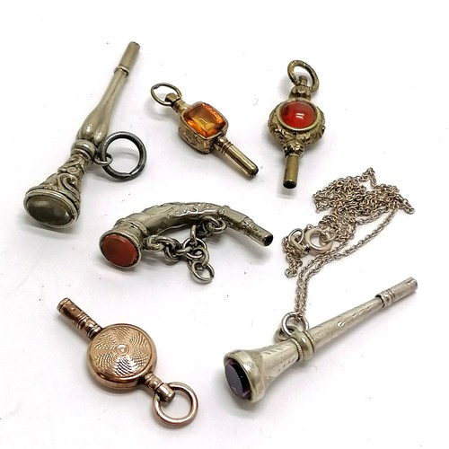 566 - 6 x antique pocket watch key winder pendants (3 unmarked silver) inc stone set, powder horn shaped -... 
