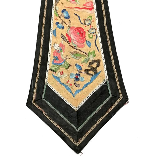 135 - Antique Chinese dress front / tie embroidered on silk with figures and flowers - 60cm long and has s... 