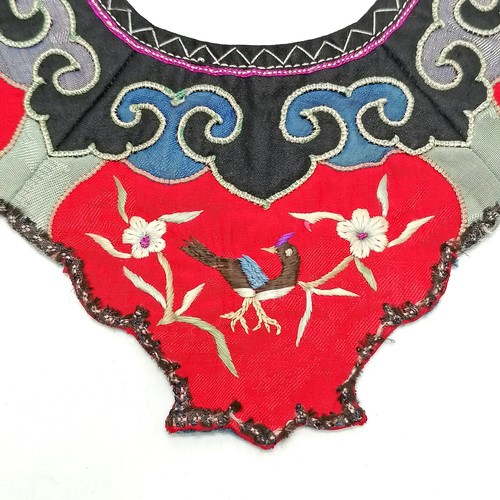 136 - Antique Chinese silk collar in black and red, embroidered with birds and flowers - 27cm across & in ... 