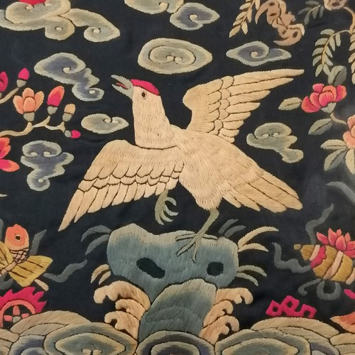 138 - Antique Chinese rank badge embroidered with bird and fish frame 40cm x 38cm - in bright condition