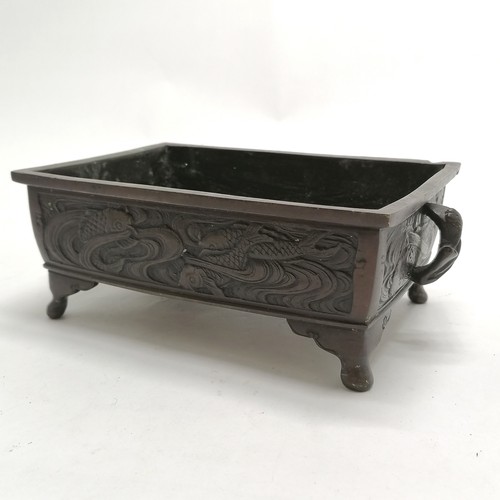 139 - Oriental antique  bronze bonsai dish / planter with koi carp decoration & leaf handles terminating o... 