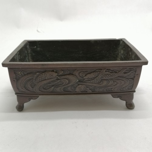 139 - Oriental antique  bronze bonsai dish / planter with koi carp decoration & leaf handles terminating o... 