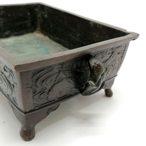 139 - Oriental antique  bronze bonsai dish / planter with koi carp decoration & leaf handles terminating o... 