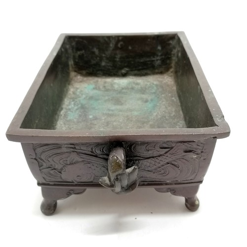 139 - Oriental antique  bronze bonsai dish / planter with koi carp decoration & leaf handles terminating o... 