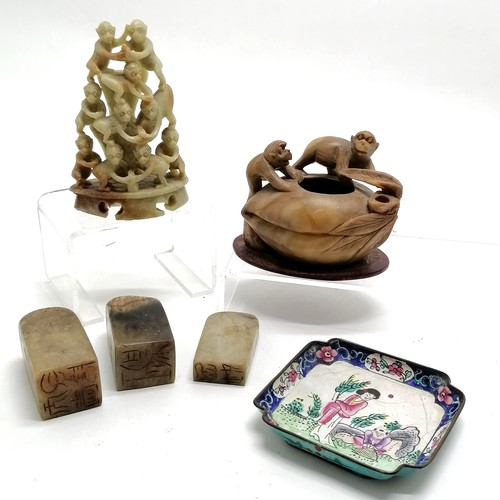 145 - 6 x Oriental ~ 2 soapstone monkey carvings (inc scholars inkwell), cantonese enamel dish (9cm square... 