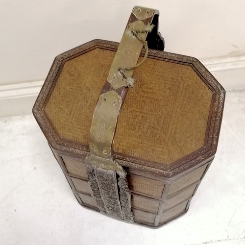 148 - Antique Chinese 3 tiered food box with brass fittings & cut straw detail - carved panels to the stra... 