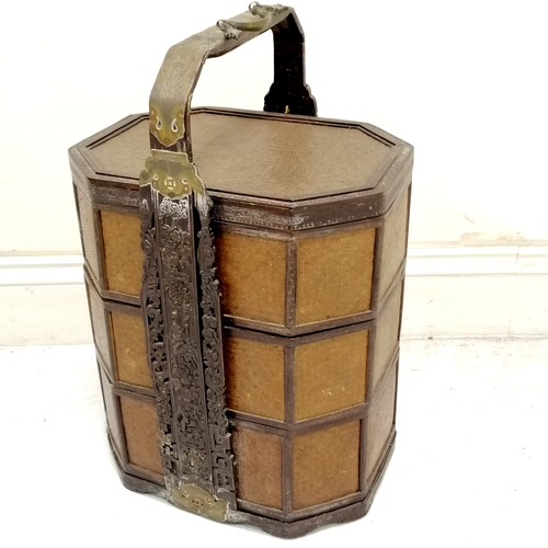 148 - Antique Chinese 3 tiered food box with brass fittings & cut straw detail - carved panels to the stra... 