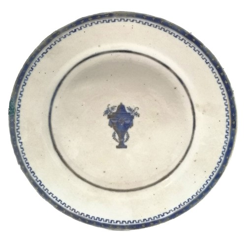 157 - Antique Chinese blue & white plate with unusual urn detail to centre & greek key style border - 19cm... 