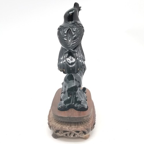 160 - Oriental Chinese hand carved black hardstone bird on perch on a hand carved fitted wooden stand - 21... 