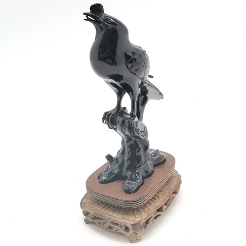 160 - Oriental Chinese hand carved black hardstone bird on perch on a hand carved fitted wooden stand - 21... 