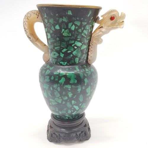 161 - Unusual Chinese ewer shaped vase inset with malachite & has carved mother of pearl handle (with ston... 