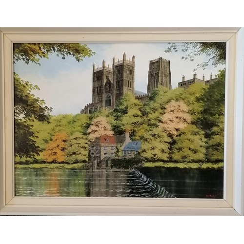 174 - J C Madgin 1979 oil on board painting of Durham cathedral next to river Wear - frame 42cm x 54.5cm