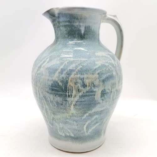 176 - David Eeles pottery jug with blue and white glaze  with original label to base - 40cm high & with no... 