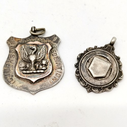 177 - WWII medals, buttons, silver Guernsey Football Association medallion + football fob (weight (2) 24g)... 