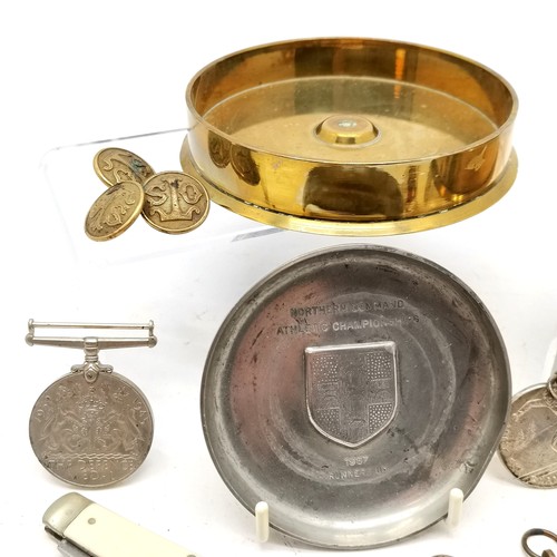 177 - WWII medals, buttons, silver Guernsey Football Association medallion + football fob (weight (2) 24g)... 