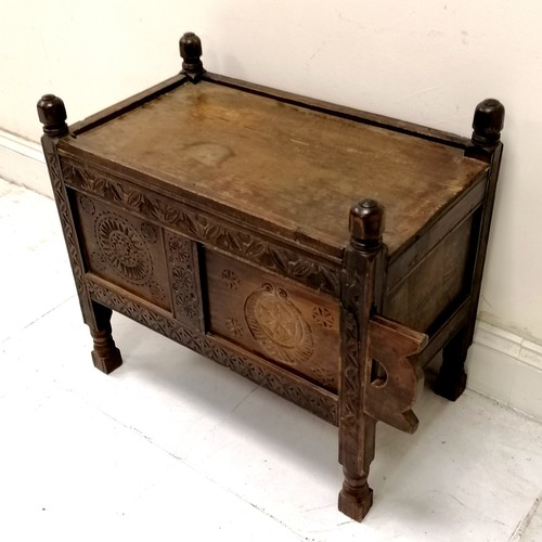 183 - Antique Eastern dowry chest with chip carved detail to front & sliding door hatch to one side - a/f ... 