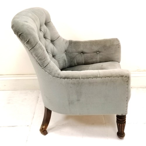 186 - Antique upholstered  button back chair in teal blue - slight a/f and fading - mahogany feet - old re... 