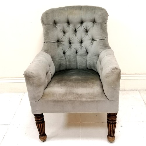 186 - Antique upholstered  button back chair in teal blue - slight a/f and fading - mahogany feet - old re... 