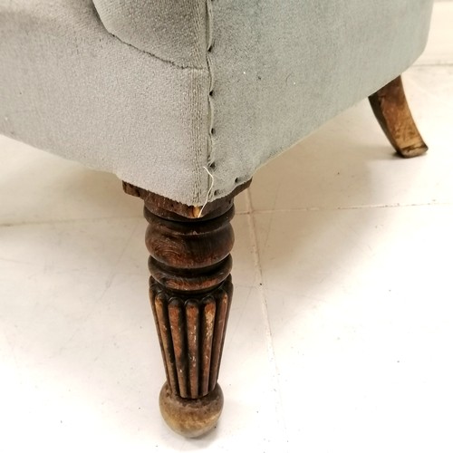 186 - Antique upholstered  button back chair in teal blue - slight a/f and fading - mahogany feet - old re... 