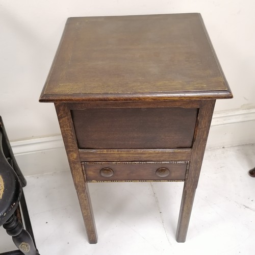 187 - Mahogany Edwardian piano stool with hinged seat/box, ebonised Victorian chair, oak sewing table with... 